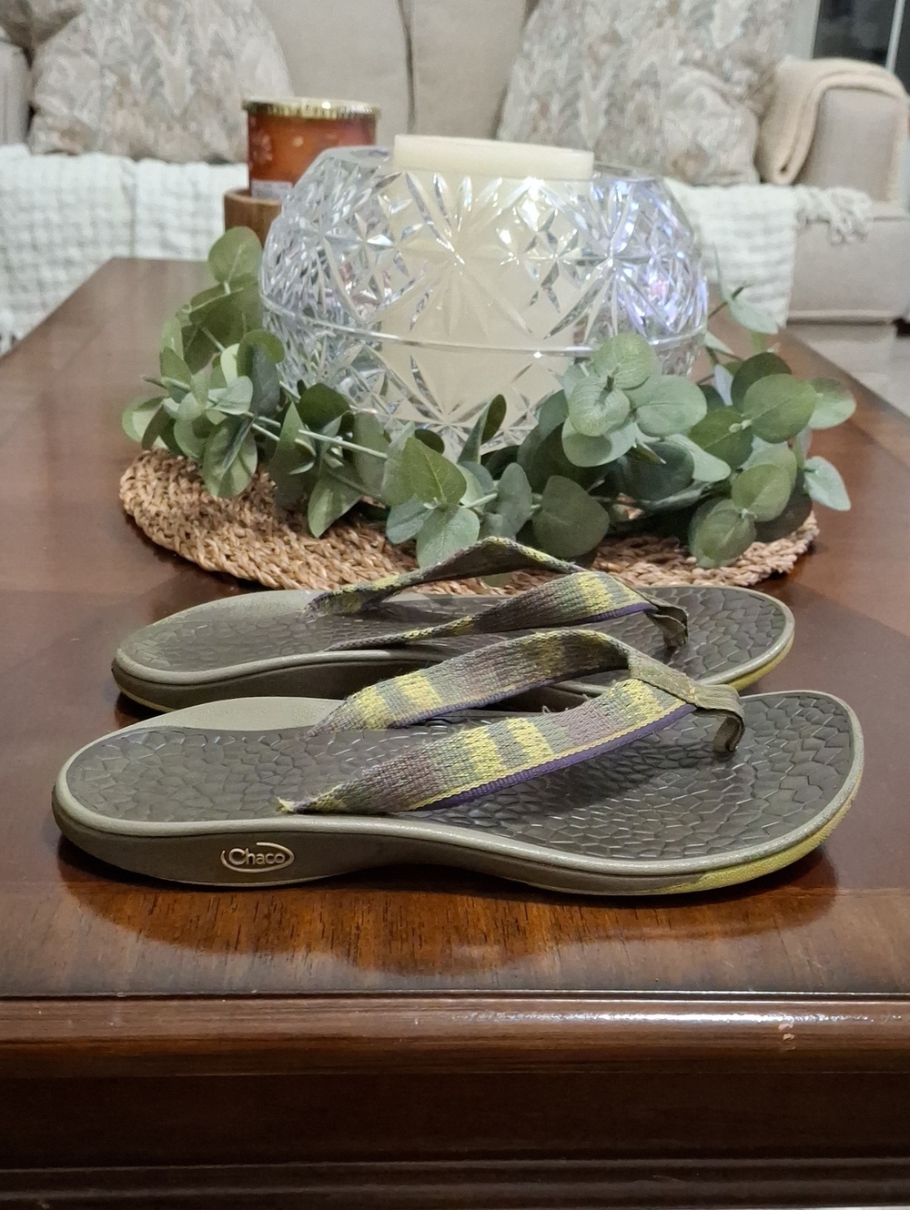 Chaco Flip Flop Women's Olive and Yellow Striped Sandals Outdoor Camping Hiking